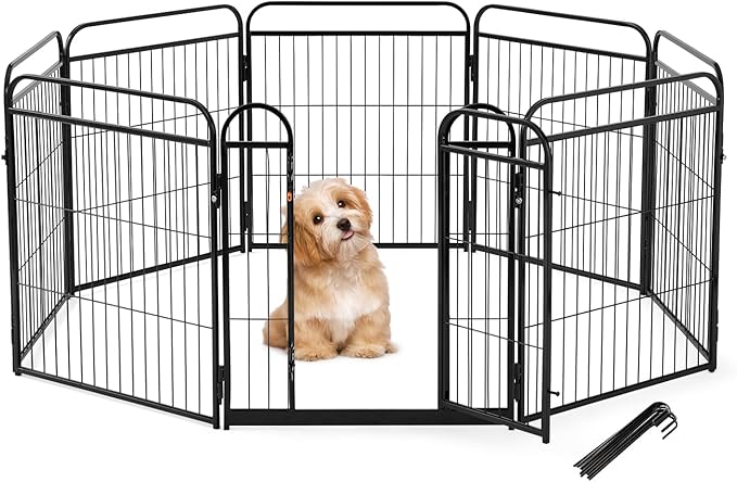 Dog Play Pen Indoors - 8 Panels 24" Playpens Indoor Safety Design Without Stakes, Threshold Free Door Ease to Access, Portable Fence Ground Anchors for Outdoor, Yard and RV Camping