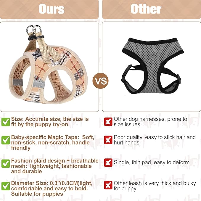 BEAUTYZOO Small Dog Harness and Leash Set,Step in No Chock No Pull Soft Mesh Dog Harnesses Reflective for Extra-Small/Small Medium Puppy Dogs and Cats, Plaid Dog Vest Harness for XS S Pets, Beige XS