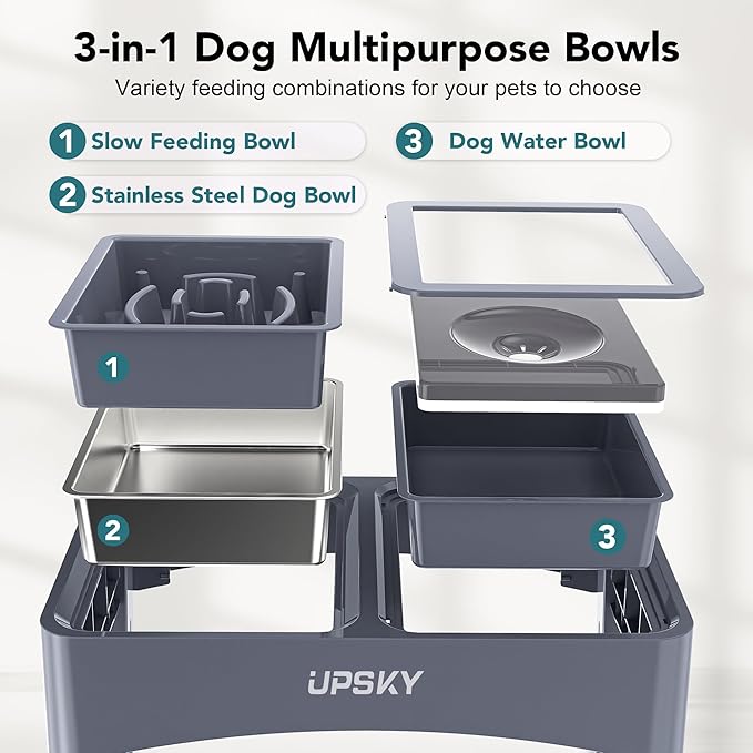 UPSKY 3-in-1 Elevated Dog Bowl Stand, Slow Feeder No Spill, Adjustable Height, Stainless Steel Food and Water Bowl for Small to Medium Dogs, Blue