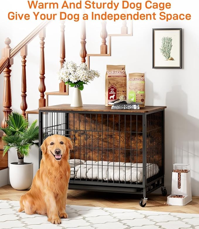 Dog Crate Furniture, Dog Kennel with Dual Doors, Removable Tray & 360° Wheels, Indoor Home for Small Dogs (Brown & Black, Small)