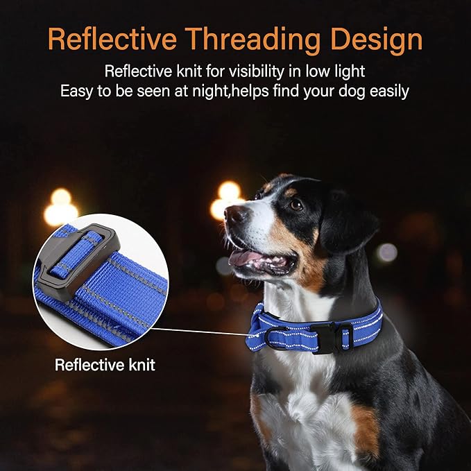 KCUCOP Tactical Dog Collar, Heavy Duty Dog Collar with Handle and Metal Buckle, Military Thick Dog Collars for Medium and Large Dogs(DarkBlue-L-Reflective, 1 Patch)