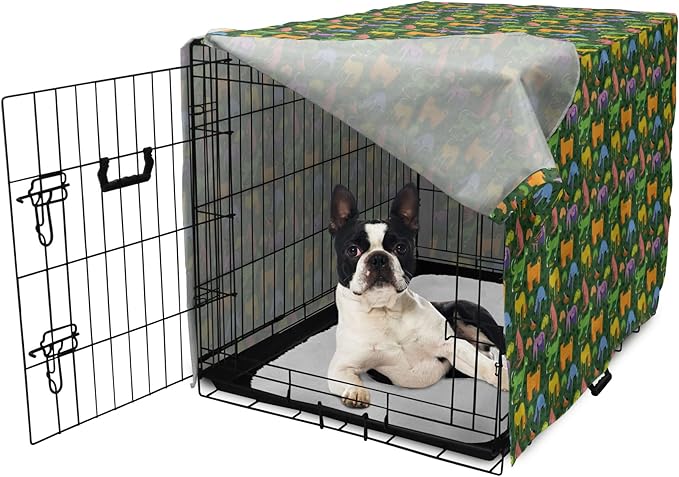 Ambesonne Dog Dog Crate Cover, Illustration of Various Colorful Animals Assorted Cartoon Style Pets, Easy to Use Pet Kennel Cover for Small Dogs Puppies Kittens, 18 Inch, Hunter Green Multicolor