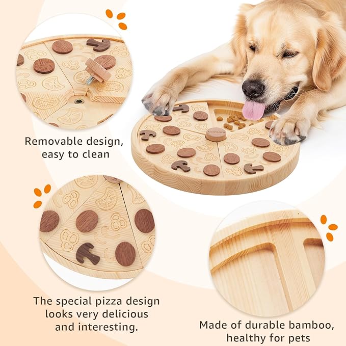 LOOBANI Dog Puzzle Toys Wooden - Slow Feeder Interactive Toys IQ Training for Small to Large Dogs -Pizza Pattern