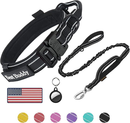 AUBELL Tactical Dog Collar and Leash Set, Adjustable Military Nylon Reflective Dog Leash and Collar with Handle and Heavy Metal Buckle for Medium Large Dogs, with Airtag Case and 2 Patches(Black, L)