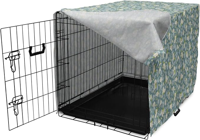 Lunarable Spring Dog Crate Cover, Pastel Tone Romantic Blossoming Flowers Pattern Vintage Garden Art, Easy to Use Pet Kennel Cover for Cats & Medium Dogs, 24 Inch, Cadet Blue Eggshell