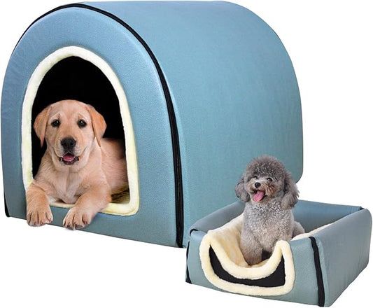 Dog Bed,2 Ways to Use,Indoor Pet House with Fluffy Mat,Removable and Washable Cover,Splash-Proof House and Non-Slip Bottom,for Extra Large Dogs(3XL Light Blue Faux Leather)