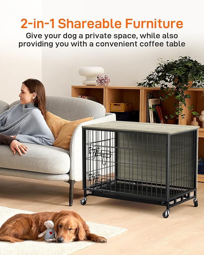 Dog Crate Furniture with Cushion, Dog Kennel Indoor with Wheels, Dog Crate End Table with Tray, 27.2" Dog Cage with Double Doors for Small Dog (Rustic Gray)