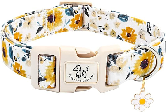 Elegant little tail Dog Collar,Sunflower Pattern Pet Collar Cute Durable Spring Female or Male Adjustable Cotton Pet Collar with Quick Release Buckle for Small Dogs