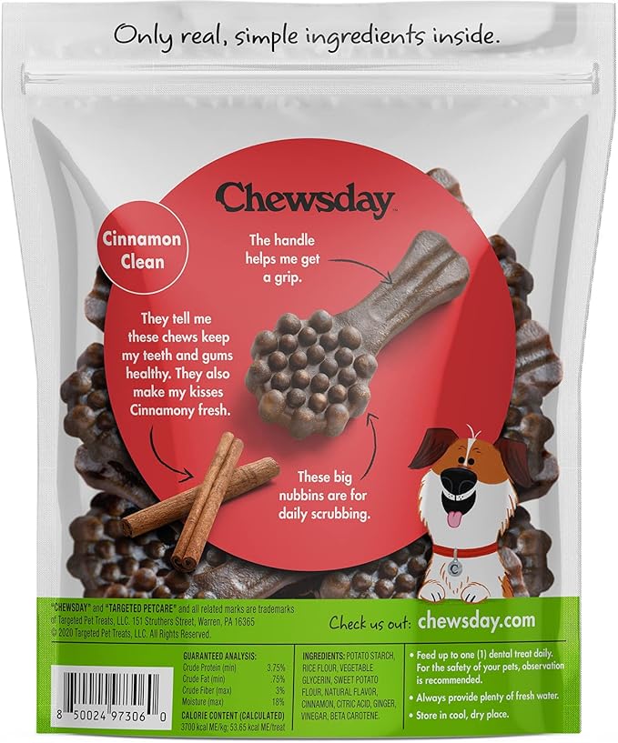 Chewsday Small Cinnamon Clean Daily Dental Dog Chews, Made in The USA, Natural Highly-Digestible Oral Health Treats for Healthy Gums and Teeth - 28 Count
