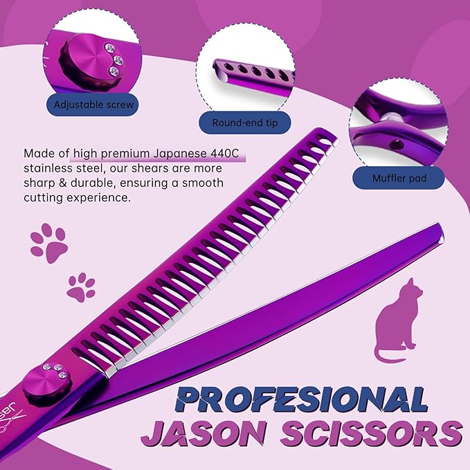 JASON 7" Dog Grooming Scissors - Ergonomic Curved Chunkers Purple Curved Dog Shears 440C Stainless Steel Grooming Shears Professional Pet Shears For Groomer (28-Teeth, Down-curved)
