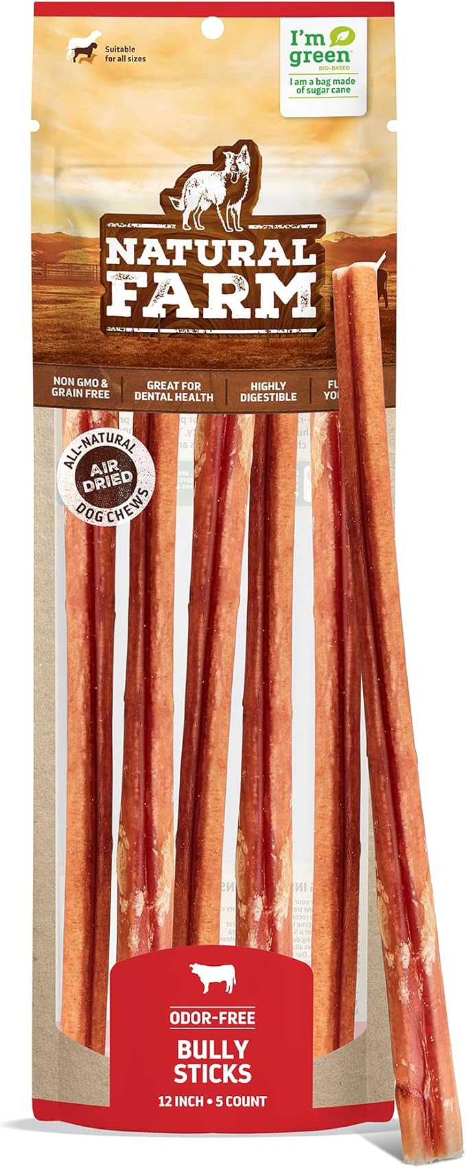 Natural Farm Bully Sticks, Odor-Free (12 Inch, 5 Count), 8.8 Oz. Per Bag, 100% Beef Chews, Grass-Fed, Non-GMO, Fully Digestible Dental Treats to Keep Your Small and Medium Dogs Busy and Happy
