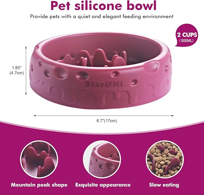 Silicone Slow Feeder Dog Bowls & Cat Bowls, 2 Cups Small Pet Food Bowl with Non-Slip Suction Base, Food-Grade Safe Puzzle Feeder for Small & Medium Dogs & Indoor Cats - Dishwasher & Microwave Safe