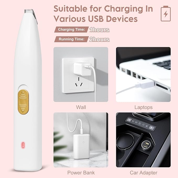 Dog Clippers for Grooming, Dog Paw Trimmer, Pet Paw Trimmer, Mini Trimmer for Dogs, Rechargeable, Low Noise for Trimming Dog Cat Hair Around Paws, Eyes, Ears, Face, Rump (White)