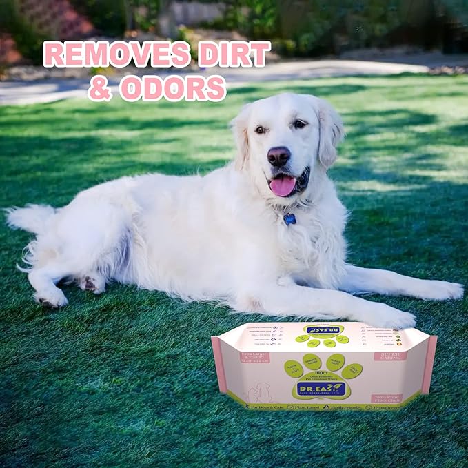 DR.EASY Super Caring Pet Wipes 100ct for Dogs and Cats, Cleans Ears, Face, Butt, Body and Eye Area – Convenient, Ideal for Home or Travel