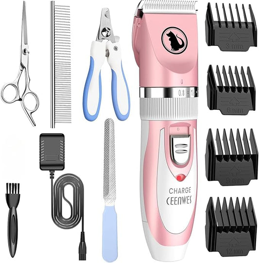 Ceenwes Dog Clippers Low Noise Cat Clippers Rechargeable Dog Trimmer Cordless Pet Grooming Tool Professional Dog Hair Trimmer with Comb Guides Scissors Nail Kits for Dogs Cats & Other(Pink),1 Count