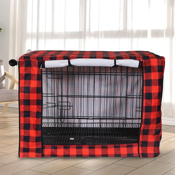 Pethiy Dog Crate Cover Durable Polyester Pet Kennel Cover Universal Fit for Wire Dog Crate - Fits Most 48 inch Dog Crates - Cover only-Red Plaid-48