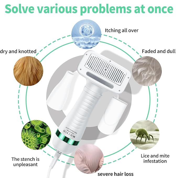 Pet hair dryer | Portable silent 2-in-1 pet beauty hair dryer with replaceable self-cleaning brush | Adjustable temperature | Suitable for small and medium-sized cats and dogs