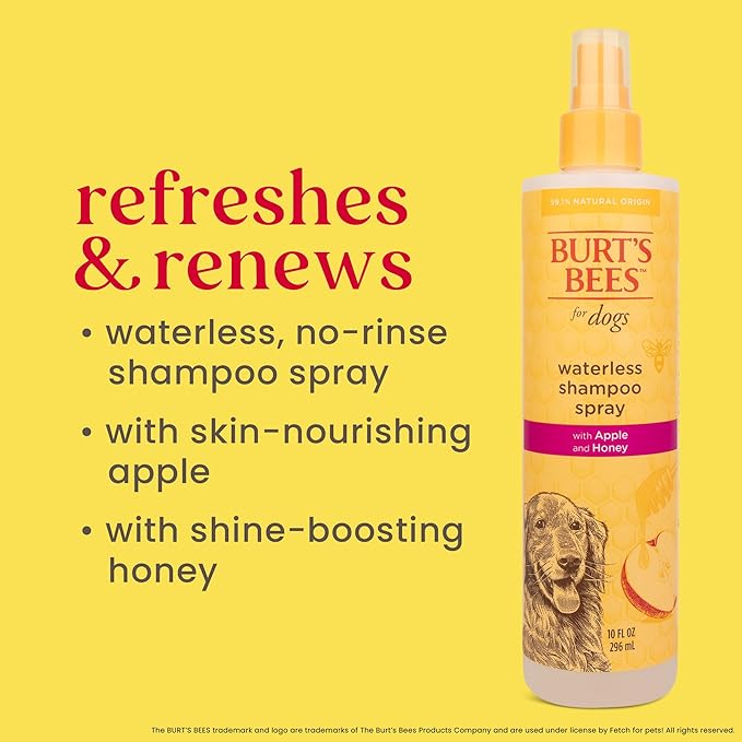 Burt's Bees for Pets Waterless Shampoo Spray for Dogs with Apple and Honey, 99.1% Natural Origin Formulas, Waterless Dog Shampoo - Gentle Dry Shampoo for Dogs, Best Dog Shampoo, 10 oz