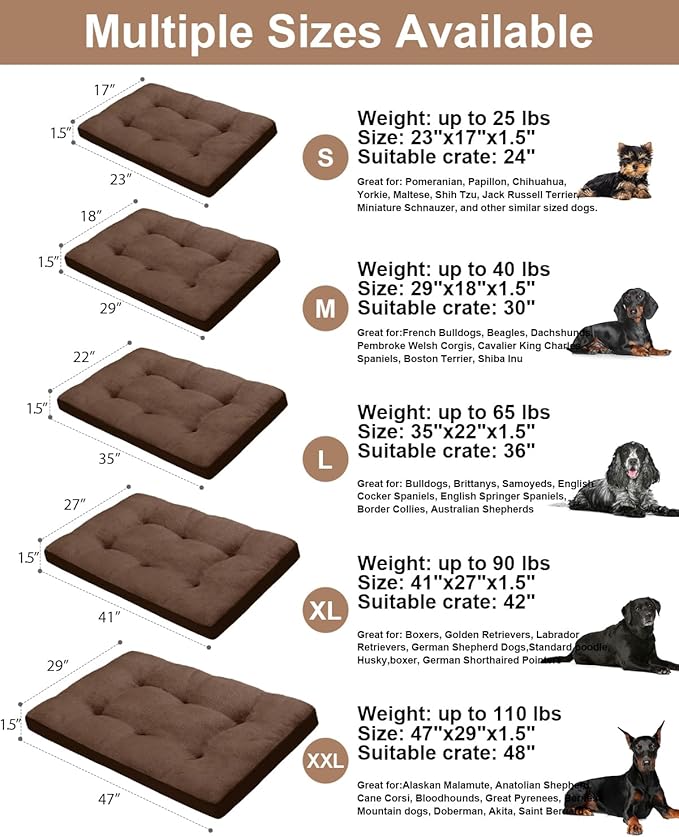 Dog Crate Bed for Large Size Dogs,Washable Dog Kennel Pad Ultra Soft Pet Sleeping Mat for Cages,Anti-Slip Bottom,35x22 inch,Brown