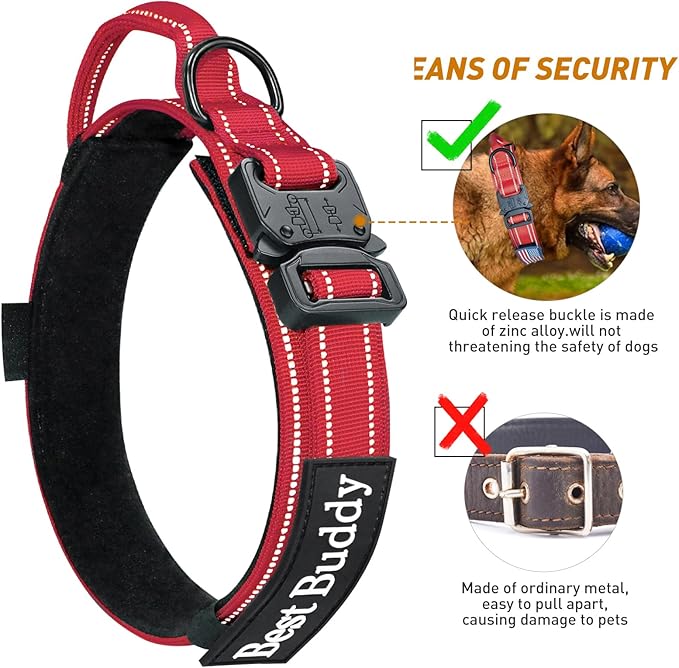 AUBELL Reflective Tactical Dog Collar, Adjustable Military Nylon Dog Collar with Handle and Heavy Duty Metal Buckle for Medium Large Dogs, with Airtag Case and 2 Patches(Red, XL)