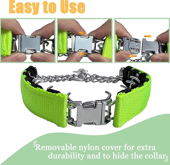Prong Training Collar for Dogs, Adjustable Dog Pinch Collar with Quick Release Buckle, No Pull Collar for Small Medium Large Dogs, Extra Link and Caps (M/L(17-23" Neck, 3.2mm), Green)