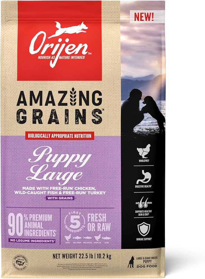 ORIJEN Amazing Grains Puppy Large Dry Dog Food, High Protein Dog Food for Large and Giant Puppy Breeds, Fresh or Raw Ingredients, 22.5lb