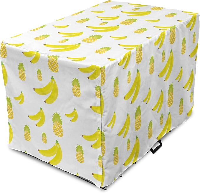 Lunarable Yellow Pineapple Dog Crate Cover, Continuous Ananas and Banana Tropical Fruits Print, Easy to Use Pet Kennel Cover for Small Dogs Puppies Kittens, 22 Inch, Yellow Green Yellow
