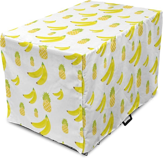 Lunarable Yellow Pineapple Dog Crate Cover, Continuous Ananas and Banana Tropical Fruits Print, Easy to Use Pet Kennel Cover for Cats & Medium Dogs, 24 Inch, Yellow Green Yellow