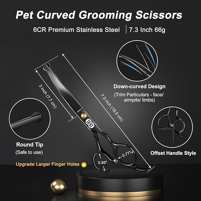 CIICII Dog Grooming Scissors Kit, 10-In-1 Professional Pet Grooming Scissors Set with Safety Round Tip (Dogs/Cat Hair Cutting Trimming Thinning Shears with Curved Scissors) for DIY Home Salon (Black)