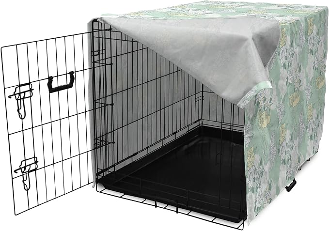 Lunarable Traditional Dog Crate Cover, Japanese Cranes Peonies Cultural Aspects Symbolic of Happy Life, Easy to Use Pet Kennel Cover for Medium Large Dogs, 36 Inch, Avocado Green Pale Green