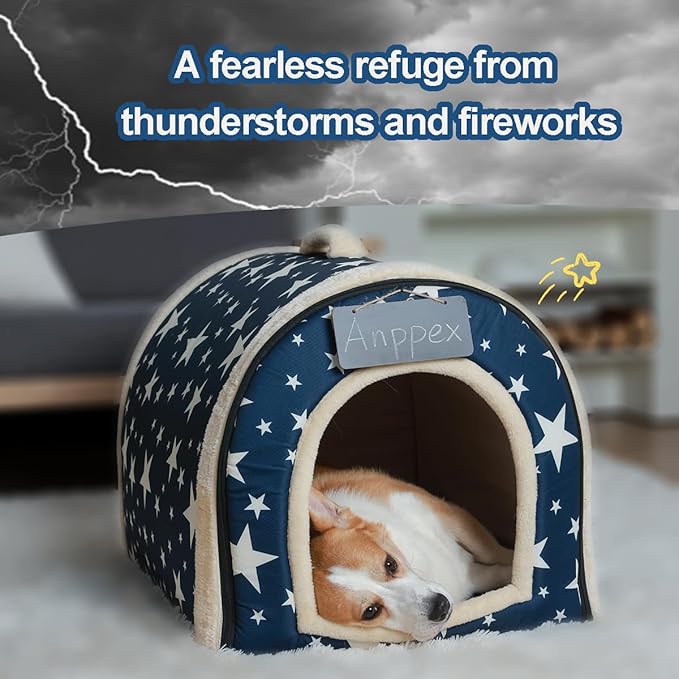 ANPPEX Large Igloo Dog House Indoor,2XL Size Dog Cave for Large and Medium Dogs,2-in-1 Washable Covered Dog Bed,Blue