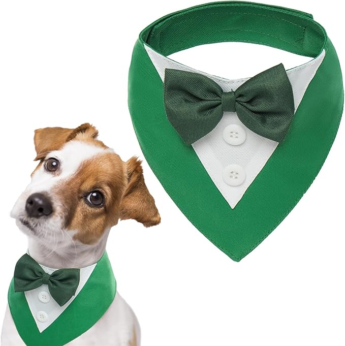 FUAMEY St.Patrick's Day Dog Tuxedo,Pet Green Collar Puppy Costume Adjustable Dog Bandana Cosplay Party Doggie Bibs,Irish Lucky Dress-Up Dog Bow Tie Green and White L
