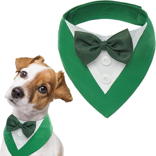 FUAMEY St.Patrick's Day Dog Tuxedo,Pet Green Collar Puppy Costume Adjustable Dog Bandana Cosplay Party Doggie Bibs,Irish Lucky Dress-Up Dog Bow Tie Green and White L