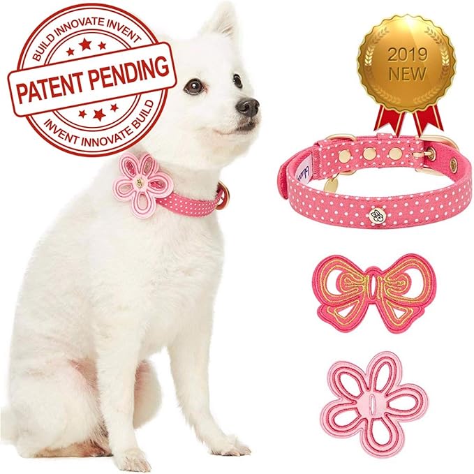 Blueberry Pet 2 Patterns Adjustable Dog Collar with Metal Buckle and 2 Detachable Bowtie - Pink Polka Dot, Neck 13-16.5", for Medium Breed
