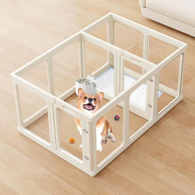 Clear Acrylic Dog Playpen Transparent Pet Playpen Indoor-Easy Assemble and Disassemble Dog Fence-Clear Pet Pen Dog Playpen for Puppy Bunny Cat Pig(23.6" H, 10 Panels+2 Doors) White