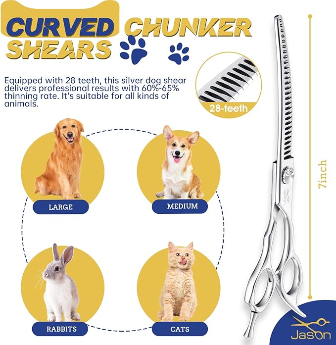 JASON 7" Curved Chunker Dog Scissors - Ergonomic Pet Scissors Silver Curved Dog Shears 440C Stainless Steel Grooming Shears Professional Pet Shears For Groomer (28-Teeth, Down-curved)
