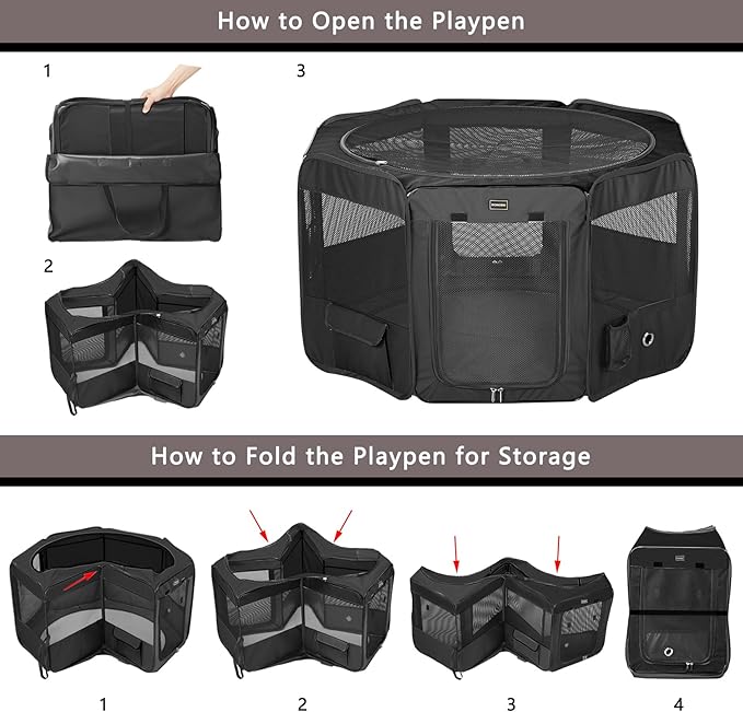 DONORO Dog Playpen Portable Pet Play Pens for Small Dog/Cat/Rabbit/Chicks, Cat Playpen Indoor/Outdoor with Carring Case, Removable Zipper Top and Bottom (Black, Extra Large (55"x55"x30"), 8)