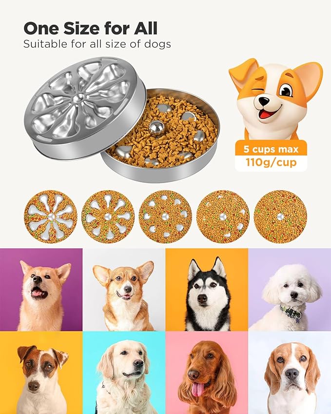 Slow Feeder Dog Bowls - Stainless Steel Non-Slip Metal Slow Feeding Bowl Suitable for Dry, Wet, or Raw Food, 5 Cups Large Capacity, Double-Sided Design Ideal for All Dog Sizes