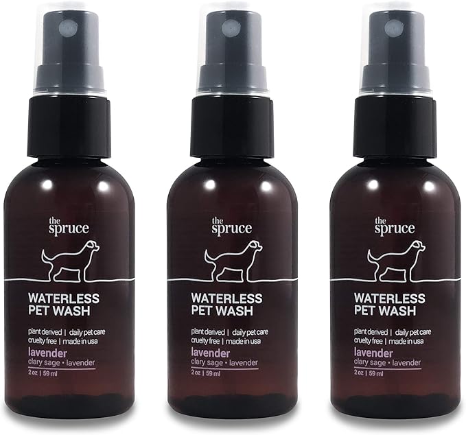 The Spruce Waterless Pet Wash, No Rinse Moisturizing Shampoo for Pets - Daily Pet Care - Cleaning, Cleansing, and Conditioning for Dogs, Puppies, and Cats - 2 oz Travel Size, 3 Pack, Lavender