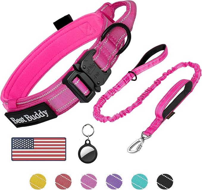 AUBELL Tactical Dog Collar and Leash Set, Adjustable Military Nylon Reflective Dog Leash and Collar with Handle and Heavy Metal Buckle for Medium Large Dogs, with Airtag Holder and 2 Patches(Pink, M)