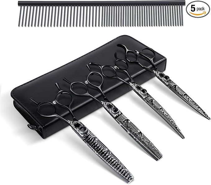 JASON Dog Grooming Scissors Kit, Professional 6 in 1 Dog Scissors Set - Thinning Shear, Straight Scissor, Dog Chunker, Down-curved Shears and Comb for Dog Cat Pet (Black, 8")