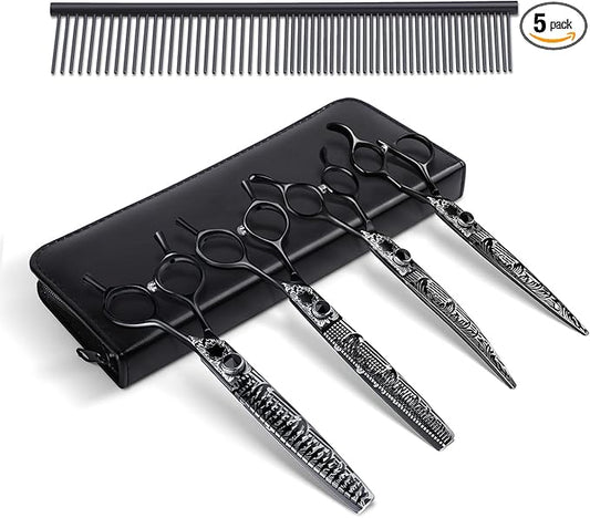 JASON Dog Grooming Scissors Kit, Professional 6 in 1 Dog Scissors Set - Thinning Shear, Straight Scissor, Dog Chunker, Down-curved Shears and Comb for Dog Cat Pet (Black, 8")