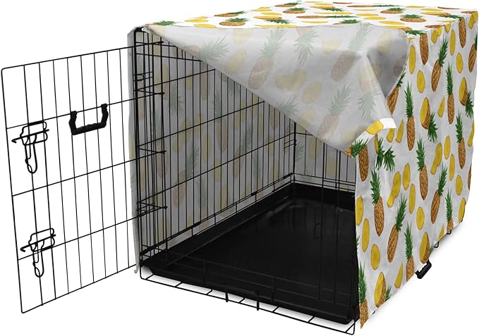 Lunarable Pineapple Dog Crate Cover, Sliced in Half Ananas Exotic Fruit Rhythmic Retro Look Print, Easy to Use Pet Kennel Cover for Small Dogs Puppies Kittens, 18 Inch, Mustard Fern Green