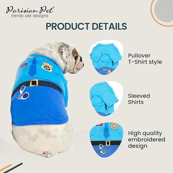 Parisian Pet Embroidered Dog Police Costume - 100% Cotton and Polyester Pet Clothes - Sleeved Cop Costume for Large Dogs 2XL - Blue
