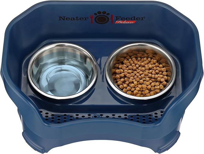 Neater Feeder Deluxe Mess Proof Dog Bowls Elevated Medium Sized Dog Breed – Made in USA – No Spill Raised Dog Food Bowl Stand – Stainless Steel Food and Water Bowl Set, Pet Feeding Station, Dark Blue