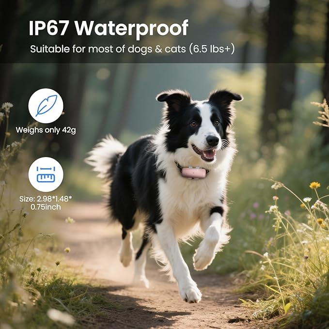 TSK Cat Dog GPS Tracker Smart Waterproof Tracker with Real-Time Location Escape Alerts Activity Monitor for Dogs Cats 6.5lbs+ Pink