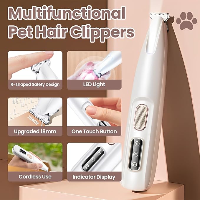 Dog Paw Trimmer with LED Light, 35dB Low Noise Pet Paw Trimmer for Dogs and Cats, Dog Clippers with18mm Widen Blade, Waterproof Grooming Shaver for Paws, Ears, Face, Eyes and Rump