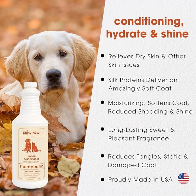 Dog Conditioner for Allergies and Itching | Shiny Paw 32 oz Shea Butter & Vanilla Conditioner for Dogs & Cats | Dog Matted Hair Detangler | Made in The USA