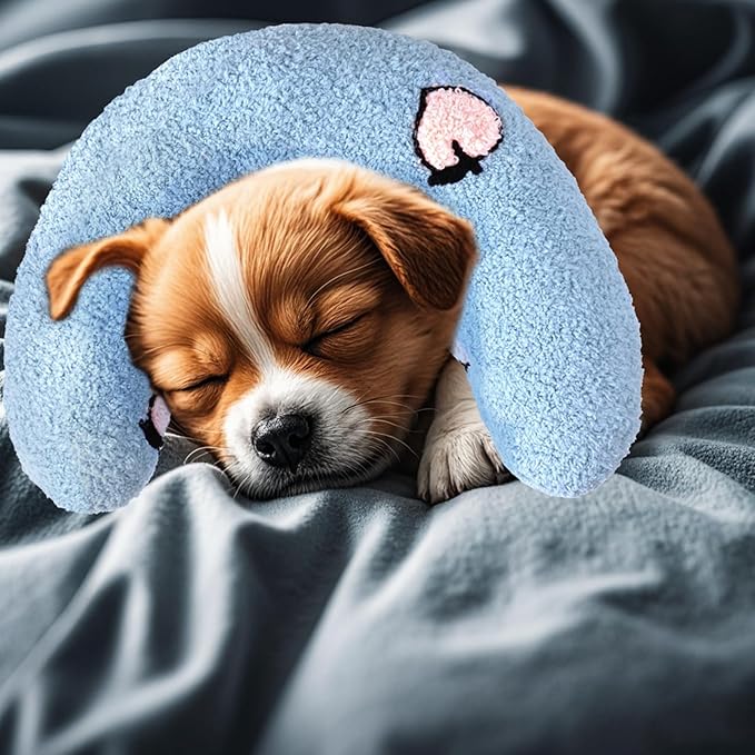 Lystaii Cat Pillow for Indoor Pet Cat Dog Calming Pillow Soft Fluffy Cat Bed Pillow Dog Neck Pillow Pet Toy Half Donut Anxiety Relief Pet Pillow with Cute Embroidery Pattern (Blue, Peaches)