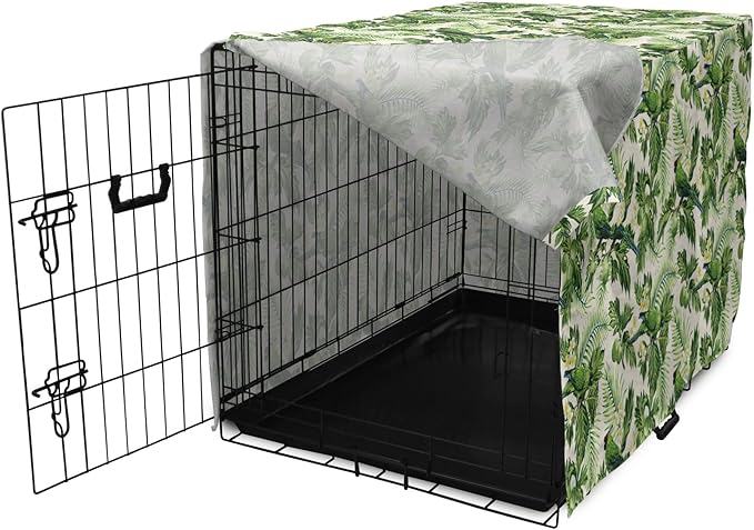 Lunarable Green Dog Crate Cover, Exotic Tropic Pattern with Palm Leaves Breadfruits Plumeria Flowers and Parrots, Easy to Use Pet Kennel Cover for Medium Large Dogs, 42 Inch, Lime Green Cream